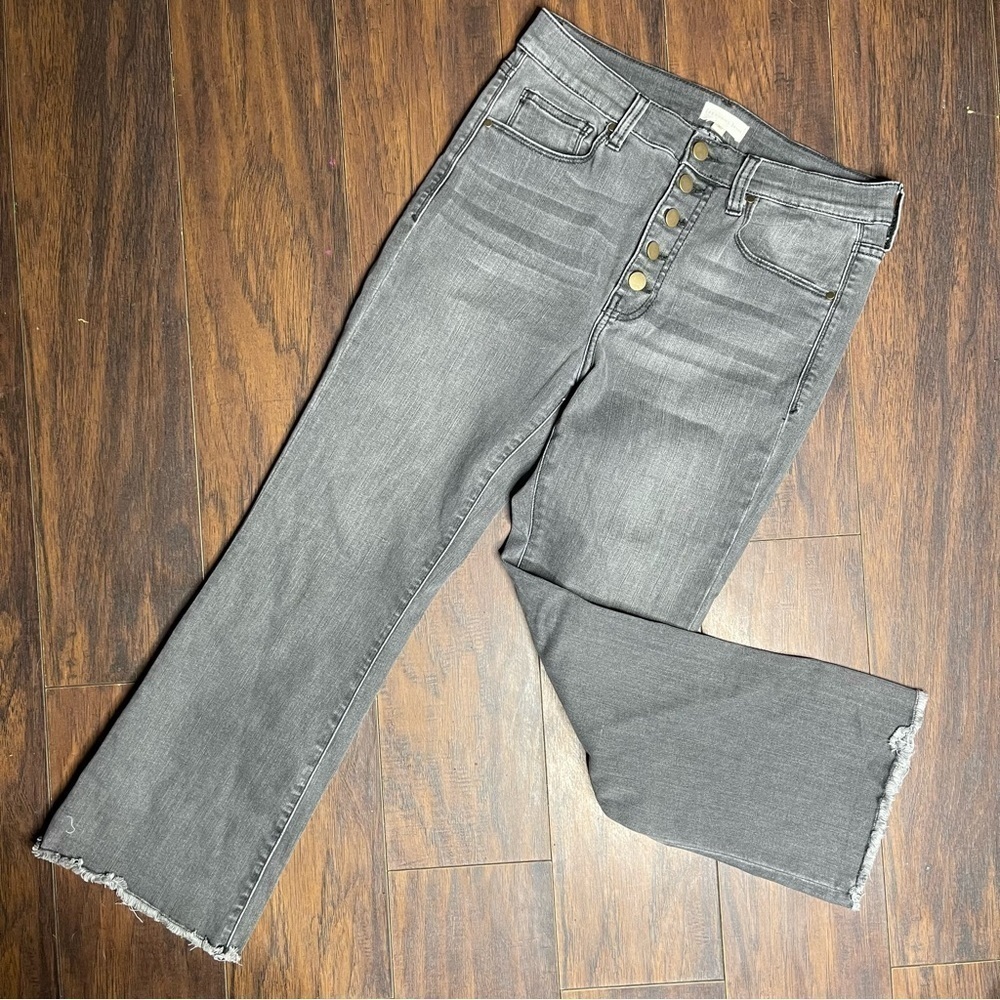Crescent Drive Gray Button Fly Raw Hem Flare Jeans